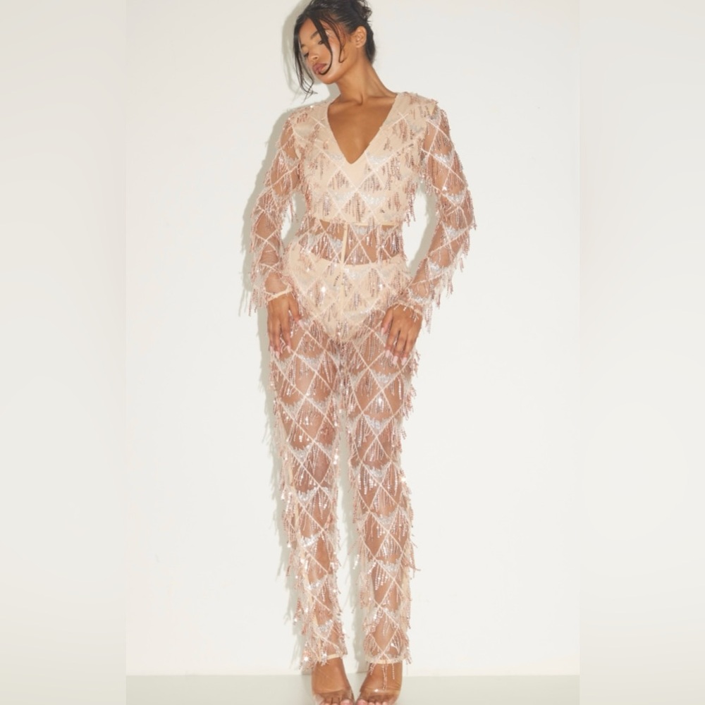 Rose Gold Tassel Sequin Plunge Jumpsuit
